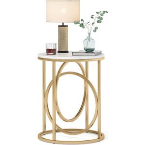LITTLE TREE 20 Round End TableModern Sofa Side Table with Gold O-Shaped Base, Faux Marble White Cocktail Table Accent Table Nightstand for Living Room Bedroom
