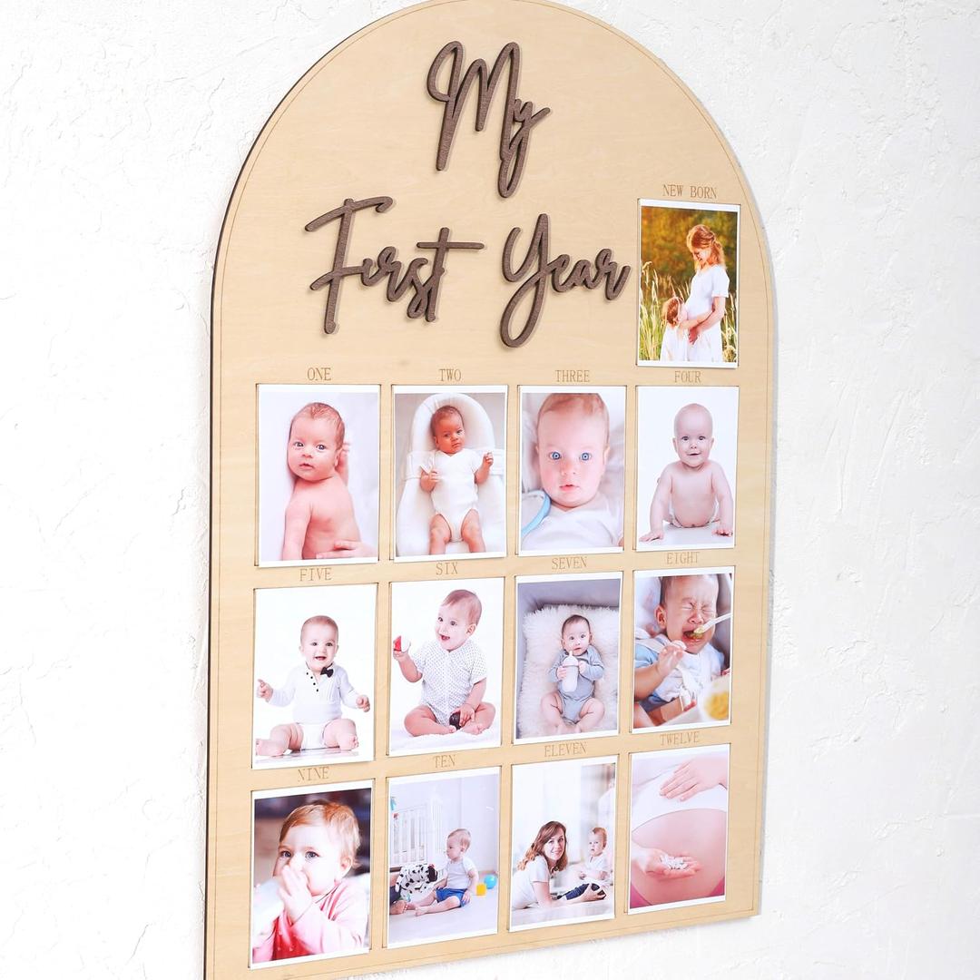One Year Wood Photo Board - My First Year Month Milestone Board, Girl/Boy 1st Birthday Decorations, 12 Months Banner, 22.44 x 14.57 inches