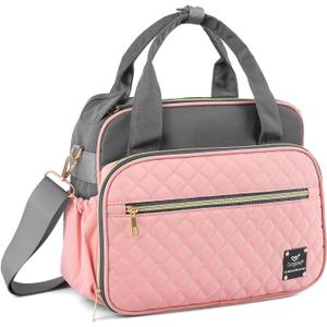 Crossbody Small Diaper Bag, Cute Mini Baby Diaper Tote Bags with Insulated Pockets for Traveling Outdoor Parent (Pink+gray)