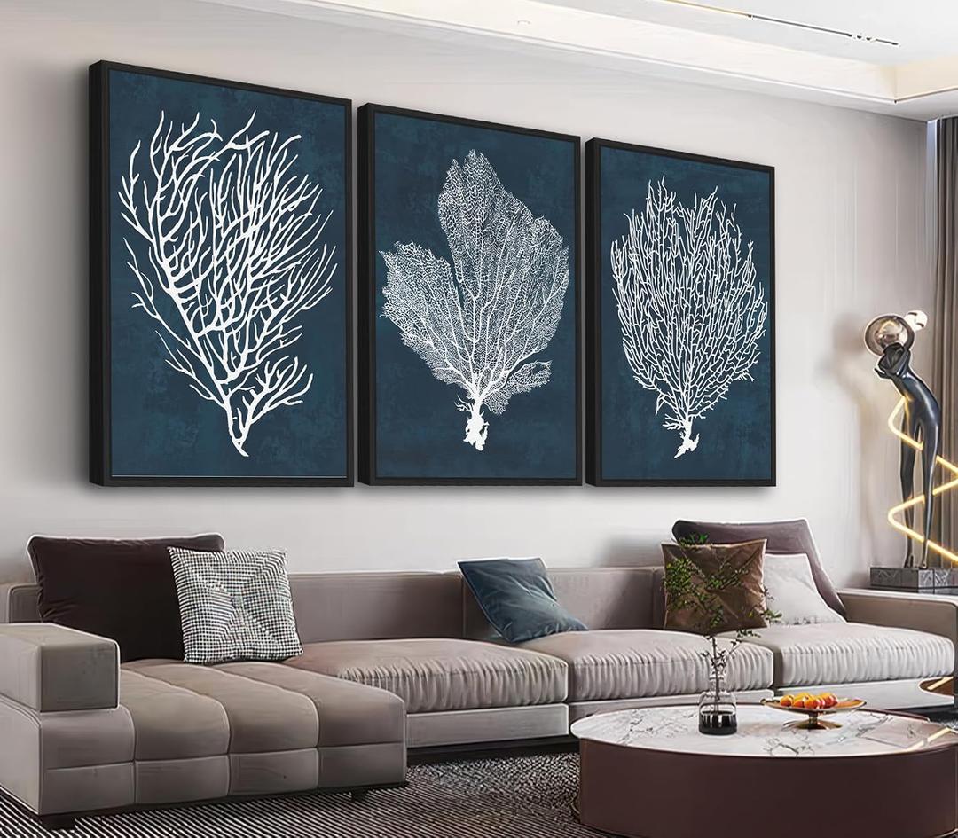 Large Framed Coral Wall Art - Navy Blue Coastal Wall Decor Painting 16"x24" Set of 3 Minimalist Beach Wall Art Prints Rustic Ocean Coral Canvas Pictures for Living Room Bedroom Office Artwork, 16"x24"x3 Framed
