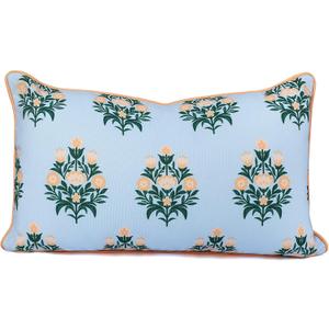 Coastal Indoor Outdoor Lumbar Pillow Cover ONLY, 12"x20" Water Repellent for Couch, Patio, Backyard, Baby Blue Orange Floral with Piping