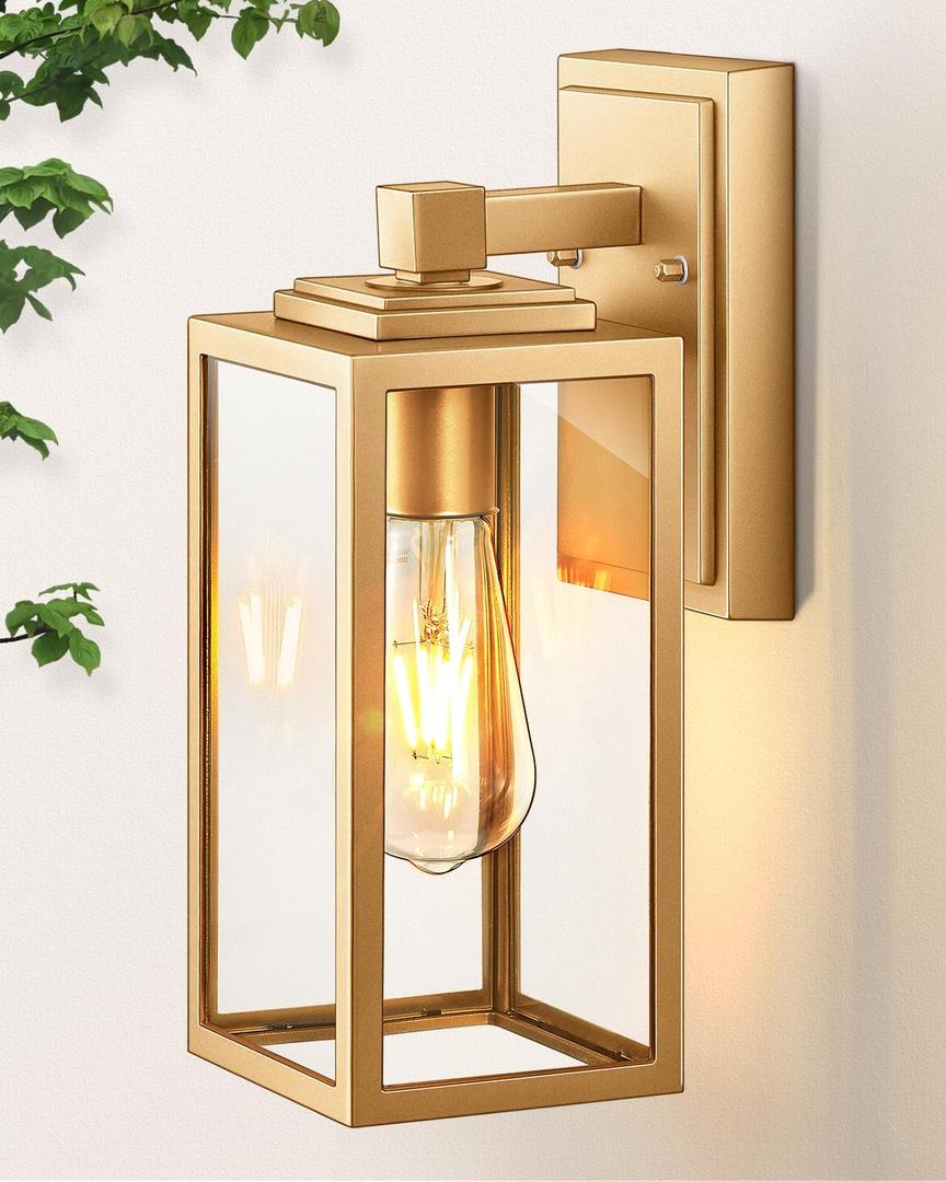 VIANIS Gold Outdoor Wall Lights, Waterproof Outside Porch Lights, Anti-Rust Porch Lights Outdoor, Outside Light Fixture for House, Garage, Doorway, Garden, Tempered Glass, E26 Socket