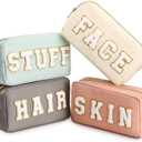 4 Pcs Preppy Makeup Bags Chenille Letter Stuff Bag Nylon Cosmetic Pouch Cases with Zipper for Women Travel Toiletry