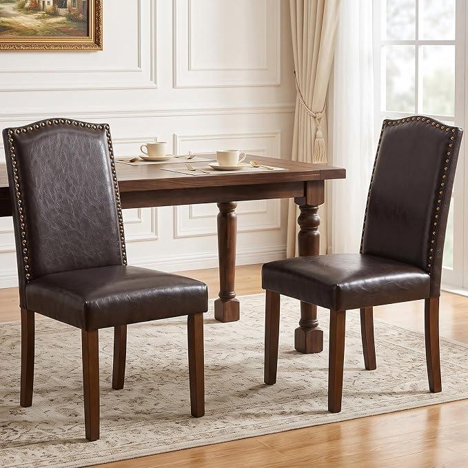 DUMOS Dining Chairs Set of 2, PU Leather Kitchen Chairs for Living Room, Upholstered, Wooden Legs, Padded Seat, High Back, Armless, Modern Accent, Dining Room, Restaurant, Brown
