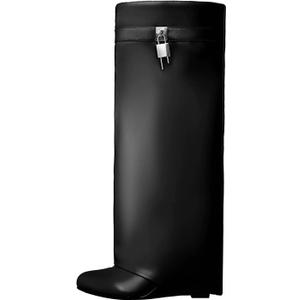 Kluolandi Women's Fold Over Knee High Boots with Metal Padlock Covered Wedge Heel Wide Calf Pull On Boots