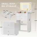 COMHOMA Makeup Vanity Desk with Mirror and Lights, Small 3 in 1 Vanity Table with Visible Glass Top, Flip Top & 3 Drawers, Compact Dresser with Storage Stool for Bedroom, Office or Nightstand