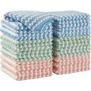 JOYMOOP 18 Pack Microfiber Cleaning Cloth, Kitchen Towels for Dish Drying Washing, Absorbent Streak Free Lint Free Rags for Cleaning, Reusable and Washable Towels - 10" x 10", [Pink,Blue,Green]
