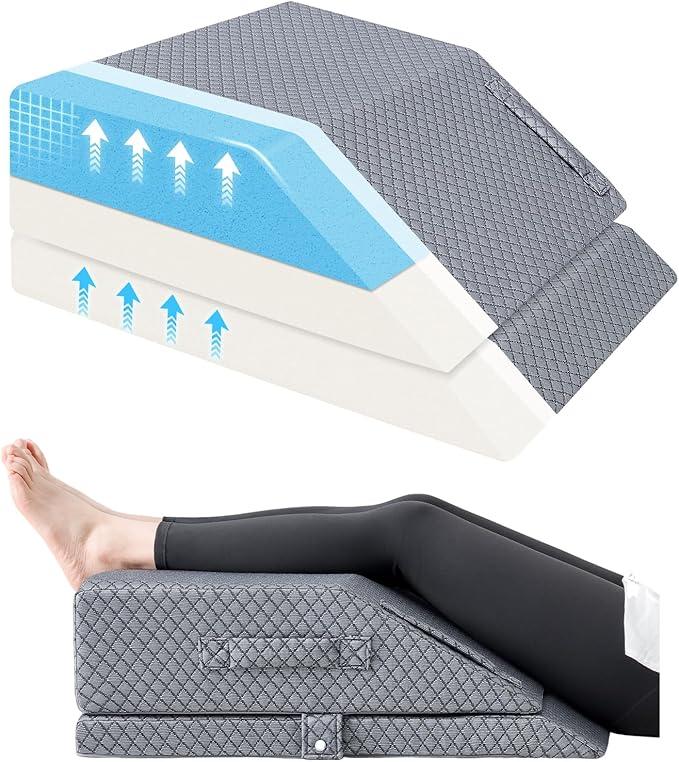 Height Adjustable Wedge Leg Pillow for Elevation, Memory Foam Leg Elevation Pillows for Swelling with 3 Handles and Washable Cover 24×21×8In