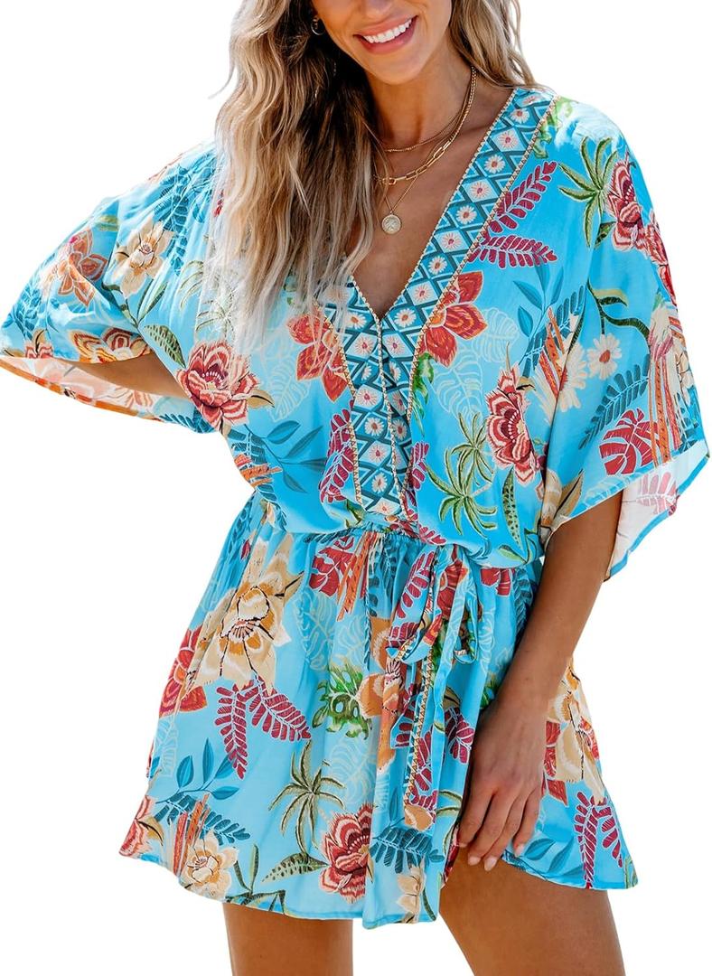 CUPSHE Women's Mini Dress V Neck Floral Half Dolman Sleeve Belted Loose Fit Short Summer Beach Dress (Light Blue, Small)