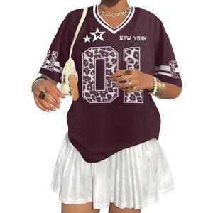Jersey Shirts for Women Oversized V Neck Tshirt Number Graphic Shirt Casual Y2k Streetwear Tee Tops (Brown, XL)