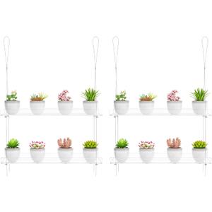 2-Pack Clear Hanging Window Plant Shelves, 2-Tier Indoor Wall Plant Stand Flower Display Organizer Storage for Microgreens,Succulents,Flower,16-Inch