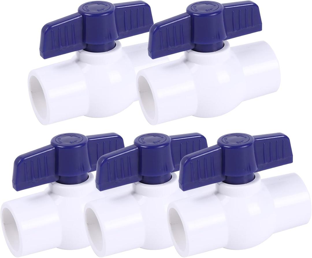5 Pack 3/4'' Slip PVC Ball Valve, PVC Water Pipe Shut Off Valves 3/4inch with Double Socket Full Flow Port, T Handle SCH40 Plastic Control Valve for Swimming Pool, Irrigation, Sewage Pipes