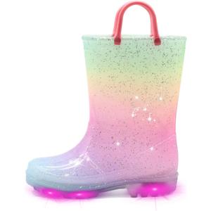 EUXTERPA Toddler Kids Waterproof Light Up Rain Boots Patterns and Glitter Boots with Handles for Boys Girls (Pink Gradient),