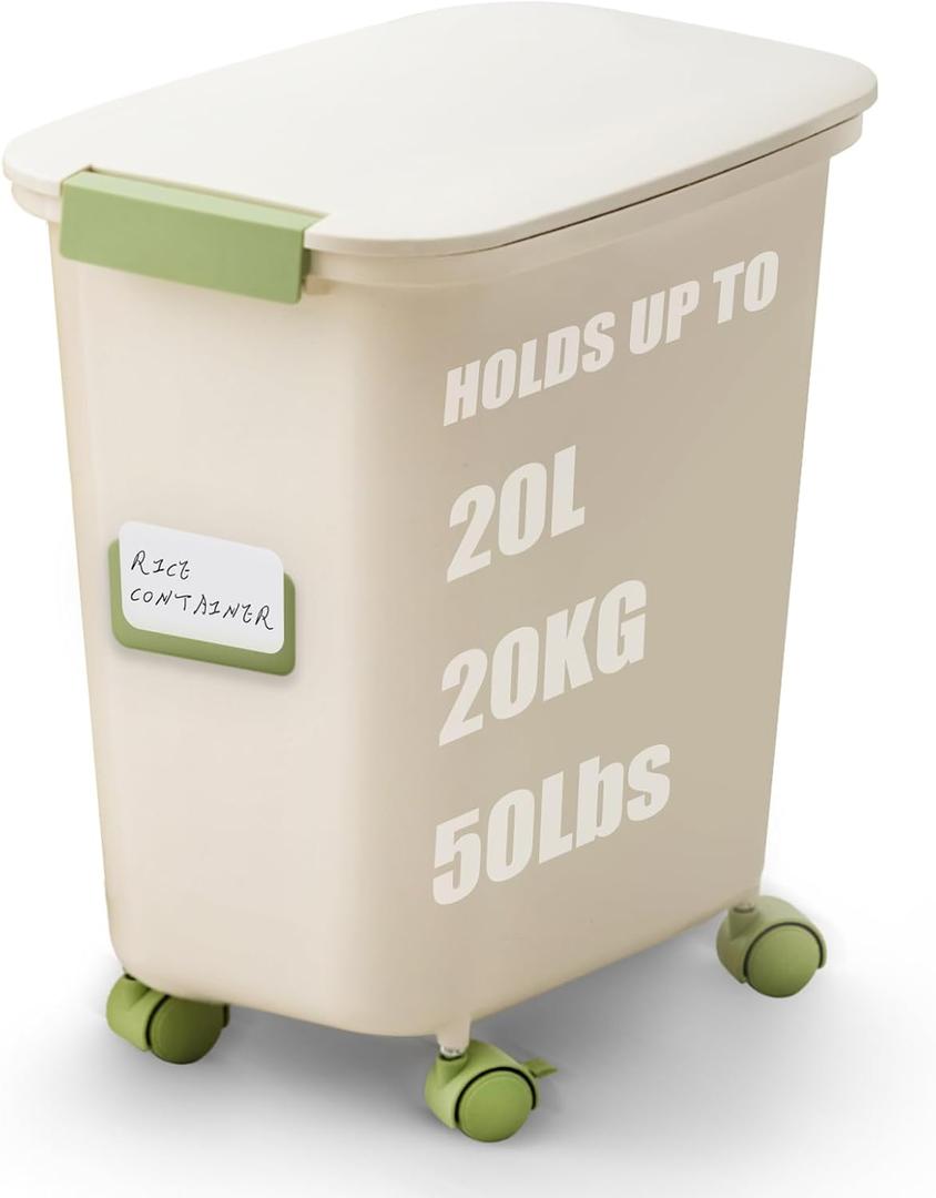 Rice Storage Dispenser 40-50 lbs, Large Food Storage Bin with Measuring Cup, Keep Fresh, Kitchen Storage for Dog Food Storage Container 25 lbs, Green (20L-A) 2 Pack