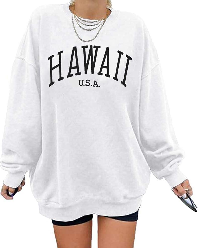 Langwyqu Women's Oversized Sweatshirt Los Angeles California Crewneck Long Sleeve Casual Loose Pullover Tops (White, L)