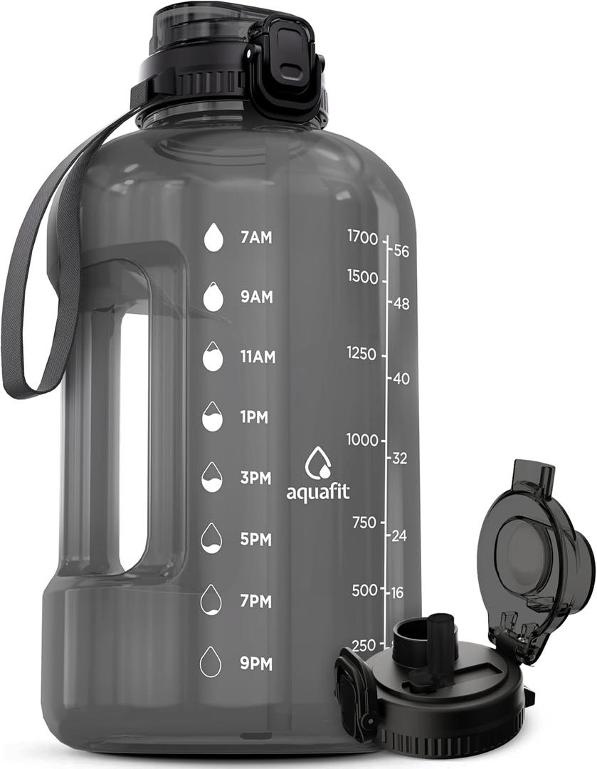 AQUAFIT Half Gallon Water Bottle with Time Marker - Straw & Chug Lid - BPA Free Gym Water Bottle with Straw - Big Gallon Jug (Charcoal, 64 oz - 2in1 Lid)