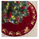 60-Inch Velvet Christmas Tree Skirt with Gold Reindeer and Santa’s Sleigh Embroidery, Lace Tie Closures, Wine