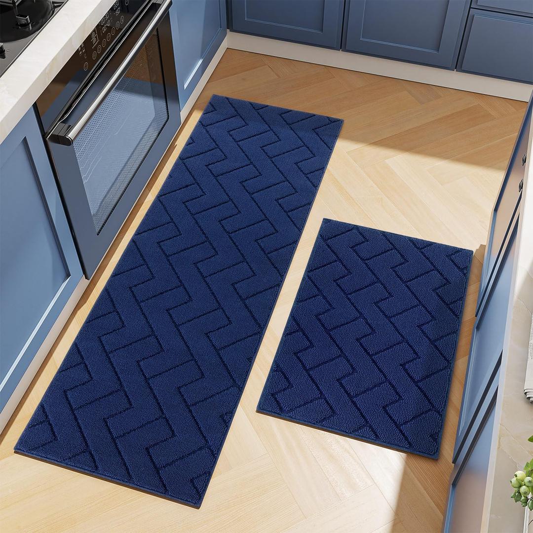 hicorfe Kitchen Runner Rugs and Mats Sets,2 Pieces Absorbent Non-Slip Kitchen Rug,Comfort Kitchen Mat for Floor,Washable for Kitchen,Hallway,Office,Sink,Laundry(24"x71"+24"x35",Navy Blue)