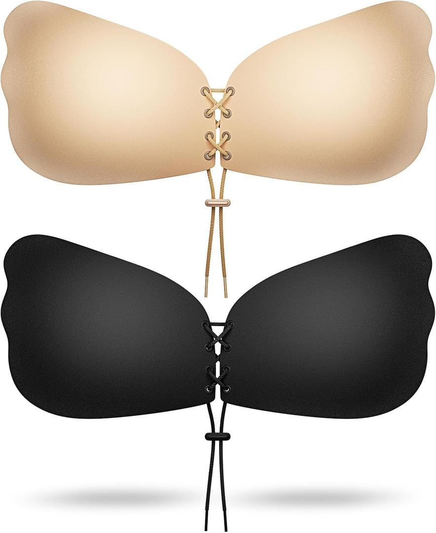 Cmojsk Invisible Seamless Strapless Bras for Women Reusable 2 Pair Black/Beige