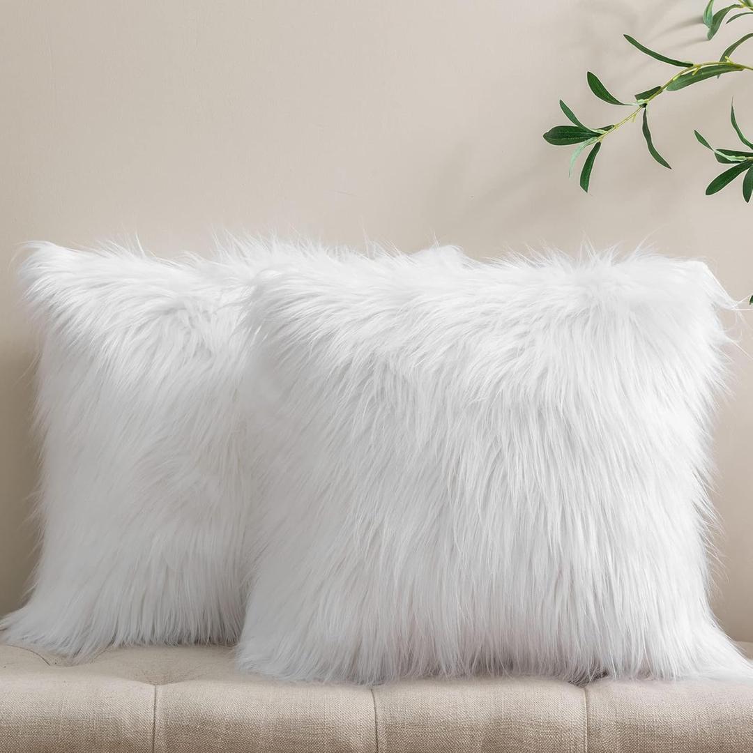 Phantoscope Pack of 2 Faux Fur Solid Throw Decorative Pillow Cover Cushion Covers Luxury Soft Decorative Pillowcase Fuzzy Pillow Covers for Bed/Couch, White 18 x 18 Inches