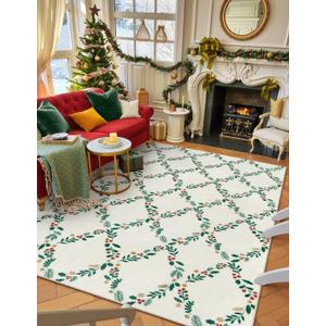 Seavish 2025 Christmas Rugs for Living Room, 5x7 Area Rugs for Bedroom Aesthetic, Low Pile Soft Washable Nursery Rug, Cream White Winter Holiday Decor Farmhouse Rug for Dining Room Playroom Office (Xmas Wreath White)