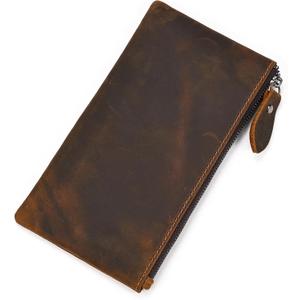 Mens Genuine Leather Long Wallet Bifold Long Wallet Zipper Wallet (Dark Brown)