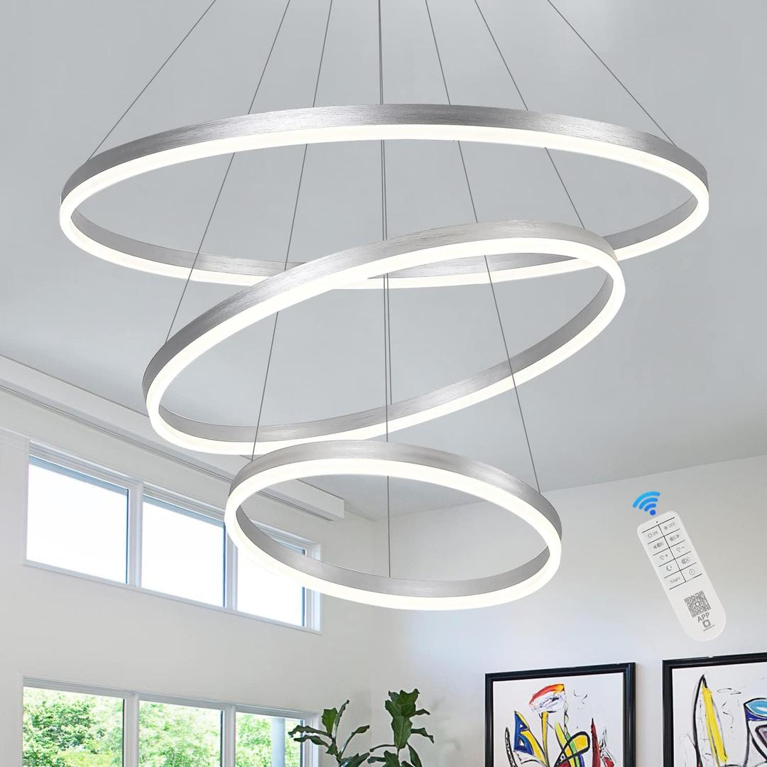 3-Rings D31.5 Modern LED Chandelier Silver, Dimmable Pendant Lighting with Remote Control Circular Flush Mount High Ceiling Light for Living Dining Room Bedroom Foyer, 3000K-6500K