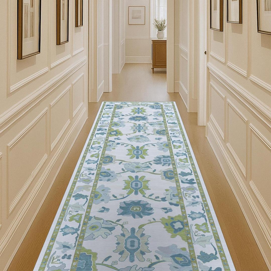 Fame Living Green Oushak Runner Rug, Modern Runners, Vintage, Turkish, Eclectic, Floral, Pastel, Washable, Runner for Hallway, Kitchen, Bedroom, Bathroom, 2'5"x9'8"