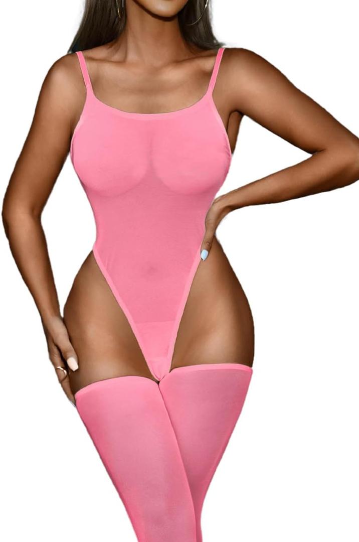 Kaei&Shi High Cut Bodysuit & Thigh High,Sheer Mesh Spaghetti Strap Sexy Tops Women,Low Back Snap Body Suit Rave Festival Club (6-8, Pink)