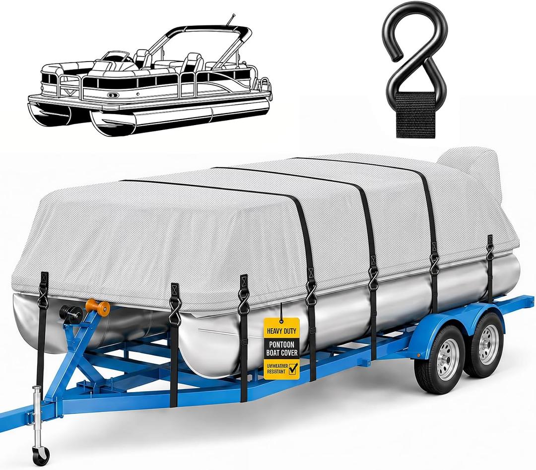 Pontoon Boat Cover 16-18 ft, 1200D Waterproof Heavy Duty Trailerable Pontoon Cover, Marine Grade Boat Cover with Metal Hooks for 16ft to 18ft Boats, Gray