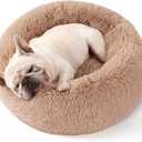 Bedsure Calming Dog Bed Medium Large Size Dogs - Donut Washable Large Pet Bed, 33 inches Anti-Slip Round Fluffy Plush Faux Fur Dog Bed, Camel