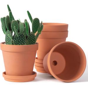 6 inch Terracotta & Clay Pots for Plants with Saucer, Medium Terra Cotta Plant Pots with Drainage Hole, Flowerpot with Tray, Terracotta Pot for Indoor Outdoor Plant - Pack of 4 Planters