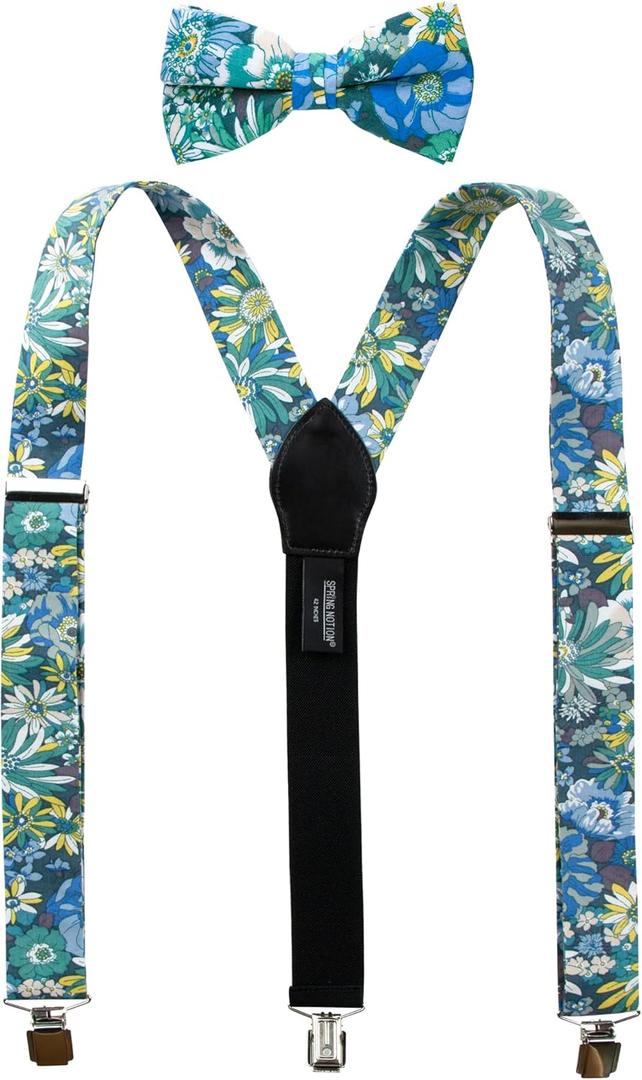 Men's Cotton Floral Suspenders and Bow Tie Set for Groomsmen Wedding Parties (42 Inch, 31-blue)