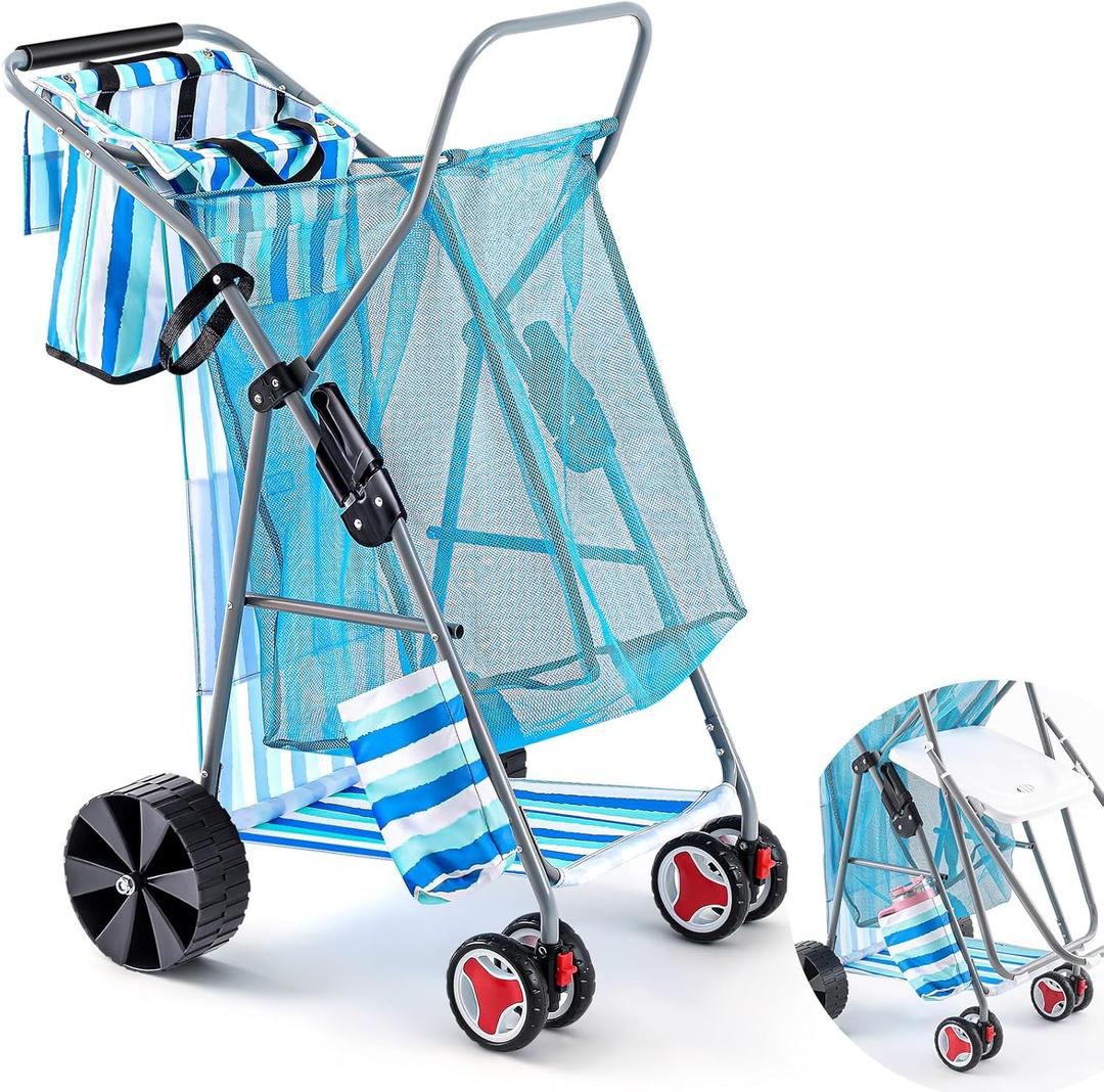 DoubleFill Beach Cart with Big Wheels for Sand, Foldable Beach Wagon Buggy with Surfboard Holder, Removable Tote and Aluminum Frame, Wide Wheel for Chairs, Cooler, Camping, Picnic Outdoor
