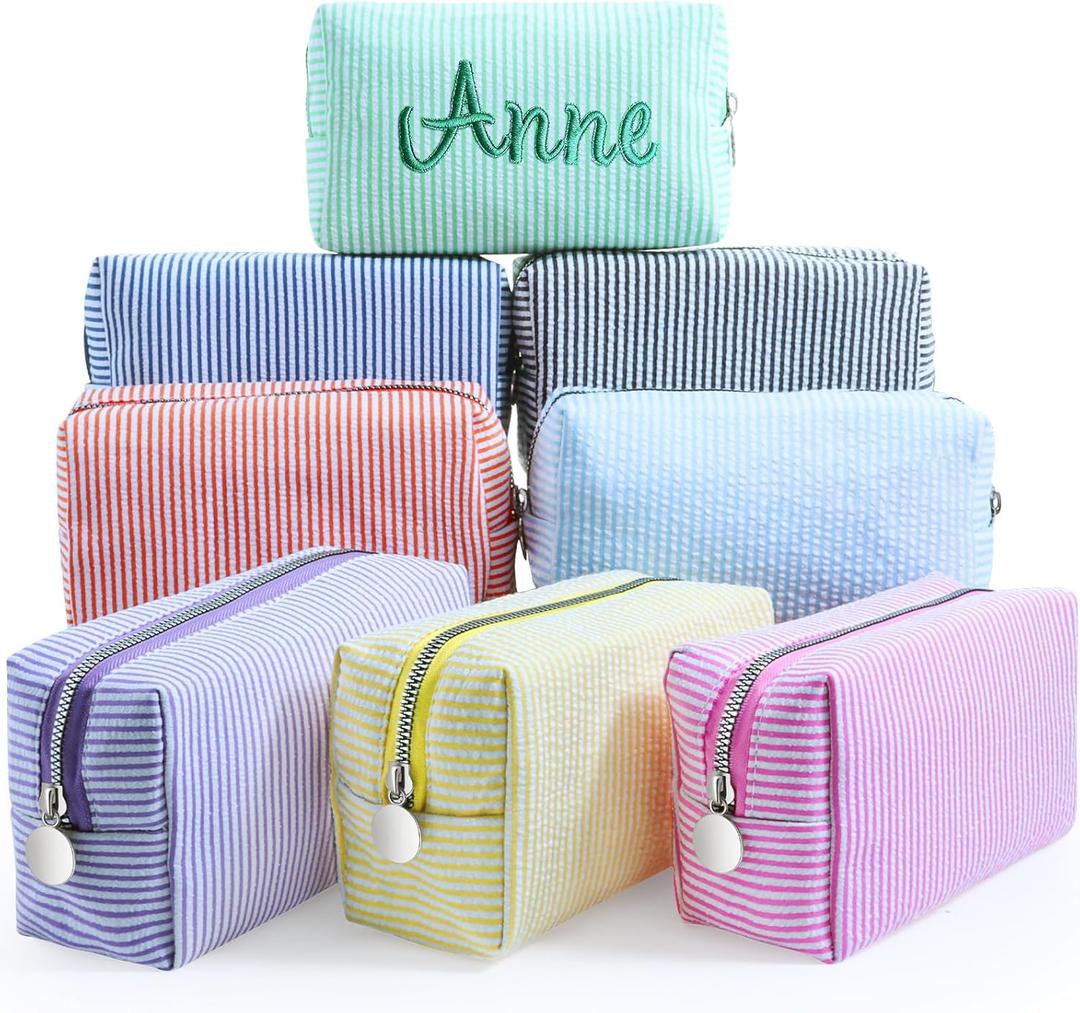 Giesiery 8 Pcs Seersucker Makeup Bags Striped Cosmetic Bags Bulk Organizer for Women Preppy Travel Toiletry Pouch for Wedding Bridesmaid Gifts (Mixed Color, Medium)