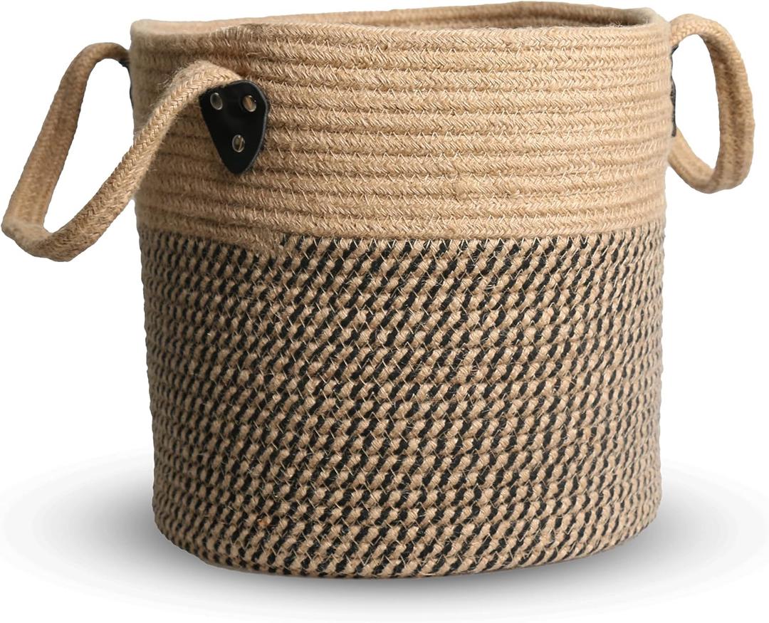 Jute Rope Basket - 12"x12" Woven Plant Pot Cover, Boho Indoor/Outdoor Multifunctional Storage (middile, Brown and black)