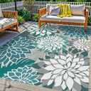 Colorful 8x10 Outdoor Area Rug Washable Multicolored Patio Rug Tropical Botanical Floral Chenille Waterproof Outdoor Carpet Non-Slip for Deck, Backyard, Porch, Teal