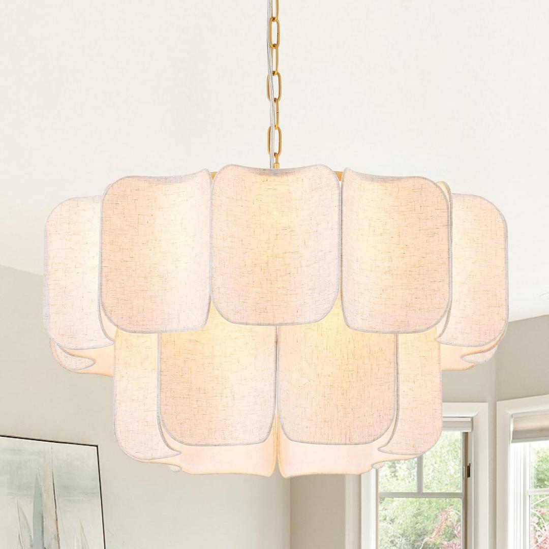 Modern Gold Chandelier 5-Light Round Chandeliers for Dining Room Vintage Modern Chandelier Light with Linen Shade 2-Tier Elegant Pendant Light for Kitchen Island Bedroom Living Room Foyer, UL Listed, Meduim-24.7''