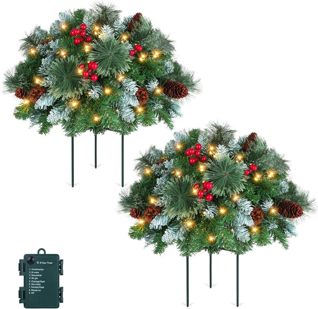 HMASYO 2 Pack Pre-Lit Artificial Christmas Tree Urn Filler, Lighted Christmas Flocked Pine Trees Planter Filler with 50 LED Lights, Weatherproof Sparkle for Entryways, Patios Outdoor Christmas Decor