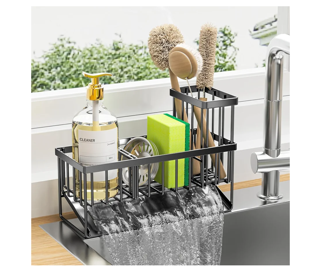 Cisily Kitchen Sink Caddy Organzier with High Brush Holder, Sponge Holder for Sink, 304 Rustproof Stainless, Kitchen Countertop Soap Dispenser Organizer, Kitchen Decor and Accessories