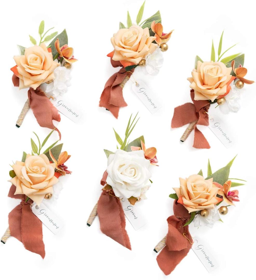 Ling's Moment Boutonniere for Men, 6pcs Groom Groomsmen Boutonniere, Artificial Flowers for Wedding Decor/Prom/Homecoming, etc.Terracotta White