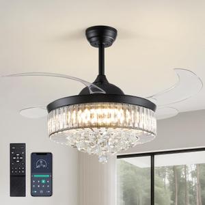 Fandelier Ceiling Fan with Light, 42'' Retractable Ceiling Fans,Crystal Chandelier Fan with LED Dimmable for Bedroom Living Room etc-Black