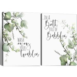 2 Pcs Framed Bathroom Green Plant Canvas Wall Art Sage Pictures Decor Prints Posters Minimalist Paintings Modern for Spa Washroom Toilet Decor Ready to Hang 12x16 Inches