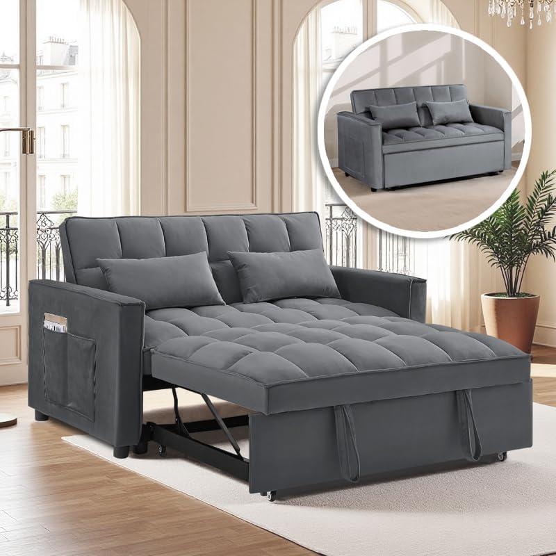 Convertible Sofa Bed, 3 in 1 Sleeper Futon Couches for Small Space with Adjustable Backrest and Side Pocket, Chaise Lounge, Pull Out Couch, Loveseat for Living Room, Velvet, Dark Gray
