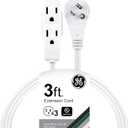 GE 3-Outlet Flat Extension Cord 3 Ft Grounded Extension Cord with Multiple Outlets 3 Prong Outlet Extender Flat Plug Power Strip Indoor 16 Gauge UL Listed White 69869