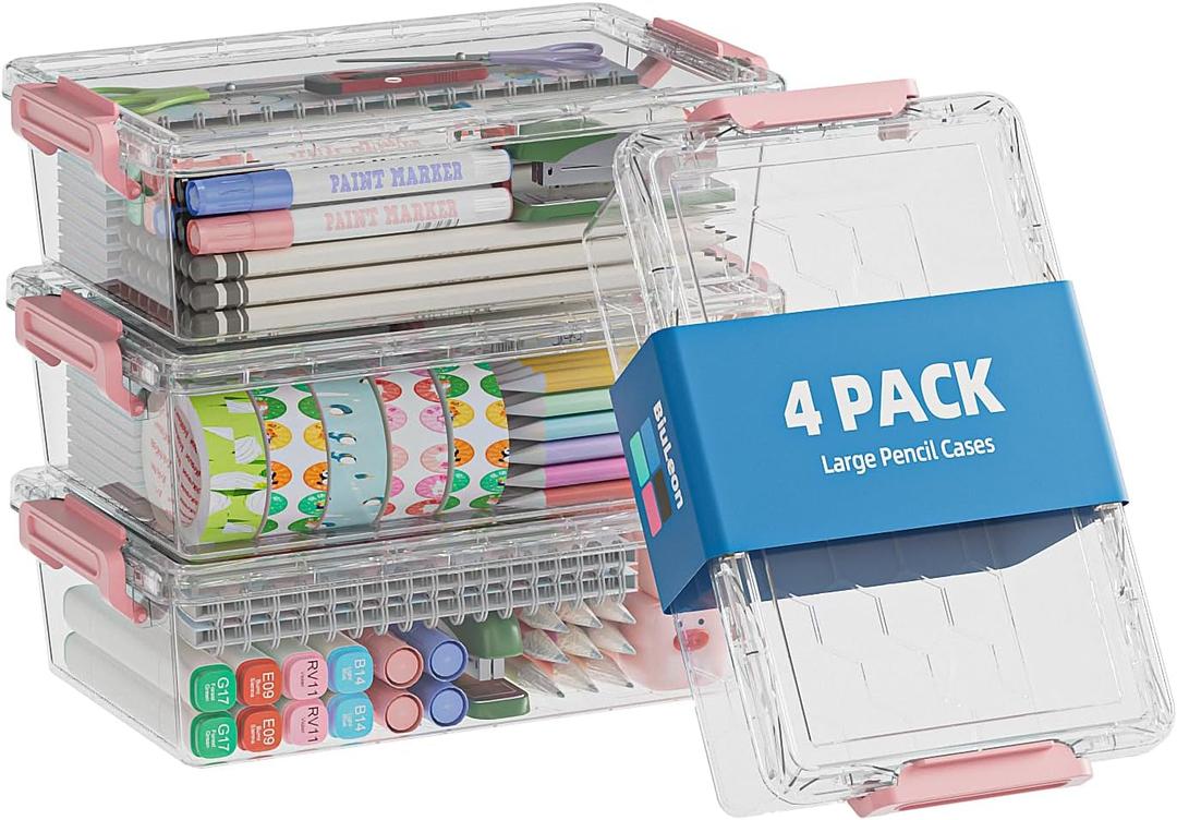 4 Pack Extra Large Pencil Box, Plastic Pencil Case Organizer, Clear Crayon Box Marker Organizer, Stackable Craft Organizers and Storage for Pen, Craft, Art Supply (Pink)