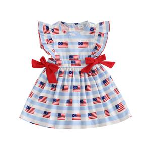 Sprifallbaby Toddler Girl 4th of July Dress USA Flag Print Ruffle Sleeves Baby Girl Dresses Girl Fourth of July Outfit (Blue, 9-12 Months) (Blue)