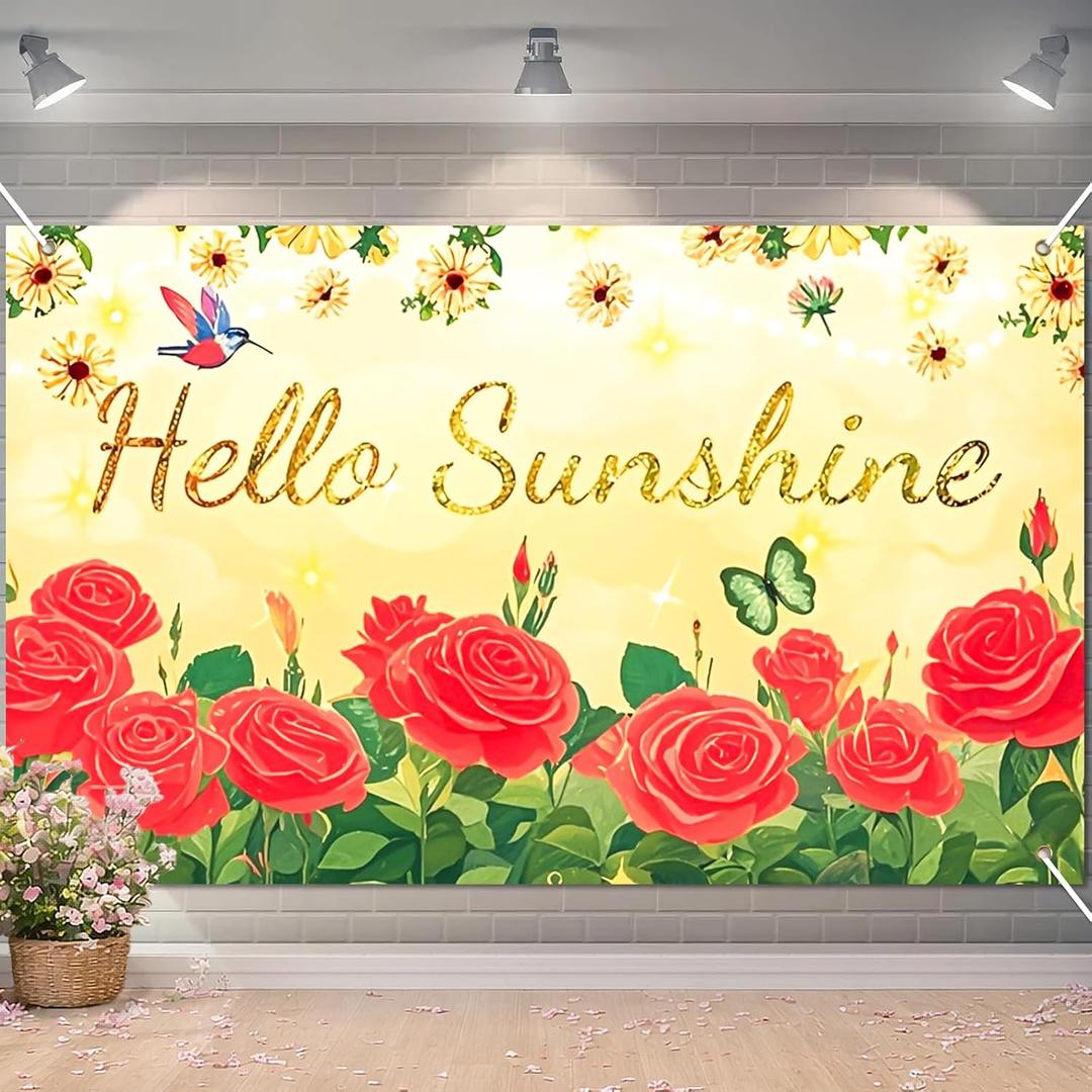 BlissYard Hello Sunshine Banner 71x43 Inches Red Rose Floral Spring Party Banner Spring Garden Yard Decor Butterfly Hummingbird Summer Decoration Banner Outdoor Photography Background