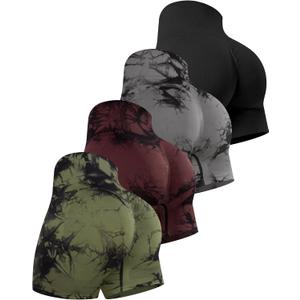 CHRLEISURE Women's 4 Packs Workout Gym Shorts, High Waisted Butt Lifting Scrunch Butt Seamless Booty Shorts (Large, 4 Packs (Black, Tie-dye Black/Army Green/Cassis))