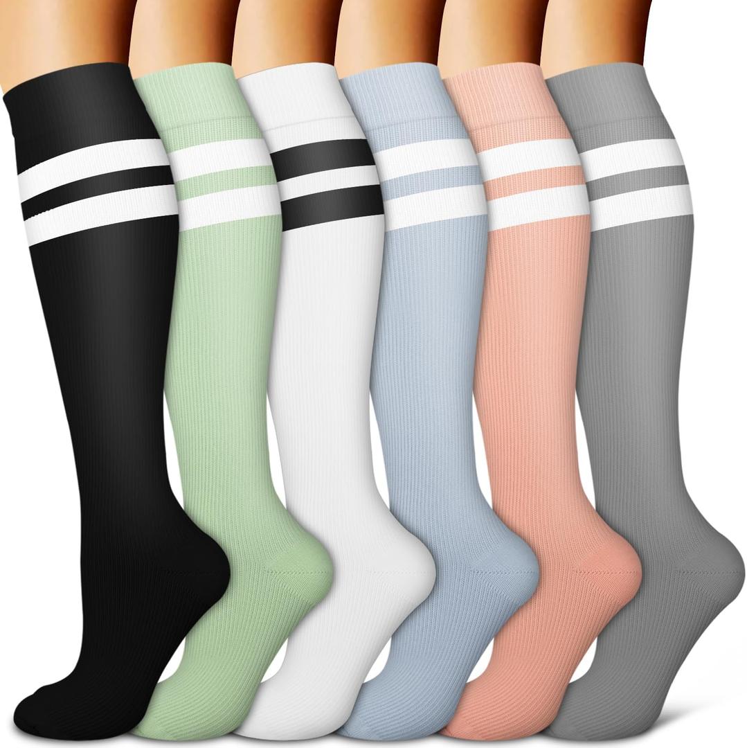 BLUEENJOY Copper Compression Socks for Women & Men (6 pairs) - Best Support for Nurses, Running, Hiking, Recovery (Small-Medium, 11 Black/Green/White/Blue/Pink/Gray)